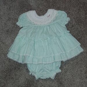 Vintage Bryan Infant Girls Dress Green And White Colors W/ Lace Detail 3/6months